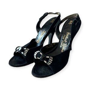Vintage Herbert Levine Black Suede Rhinestone Bow Slingback Heels 1940-50s Sz 6M